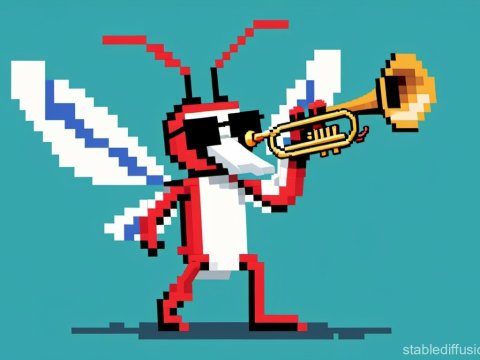 Pixel Art Insect Playing Trumpet with Sunglasses