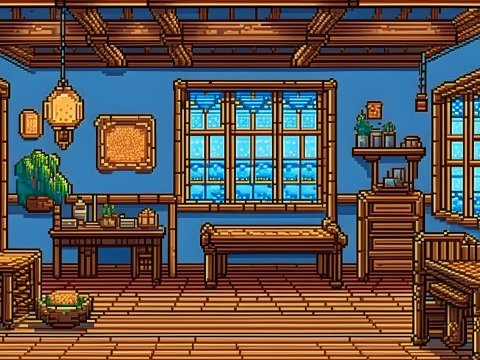 Pixel Art Interior of a Cozy Wooden Room