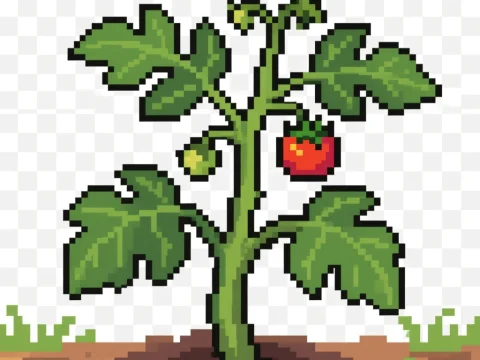 Pixel Art Juvenile Tomato Plant with Fruit