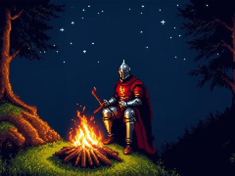 Pixel Art Knight Sitting by Campfire Under Starry Night