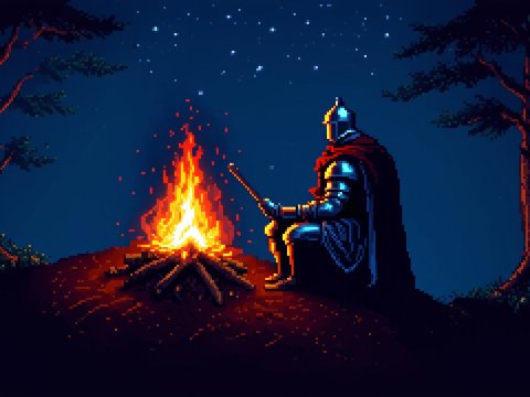 Pixel Art Knight Sitting by Campfire Under Starry Night