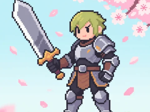 Pixel Art Knight with Sword Under Cherry Blossoms