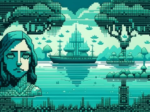 Pixel Art Landscape with Ship and Woman's Portrait