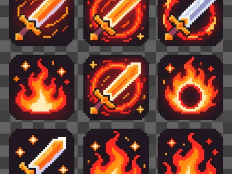 Pixel Art Magic Sword and Fire Icons Set