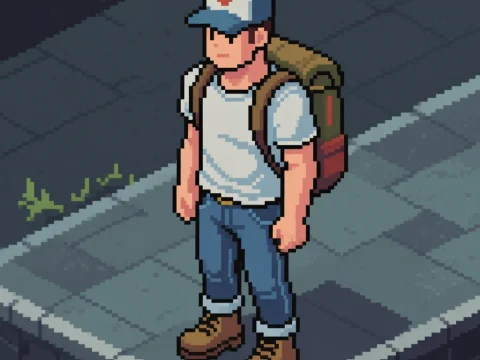 Pixel Art Male Character with Backpack on Urban Sidewalk