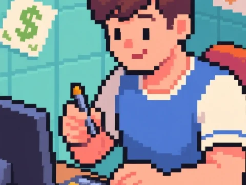 Pixel Art Man Counting Profits at Desk
