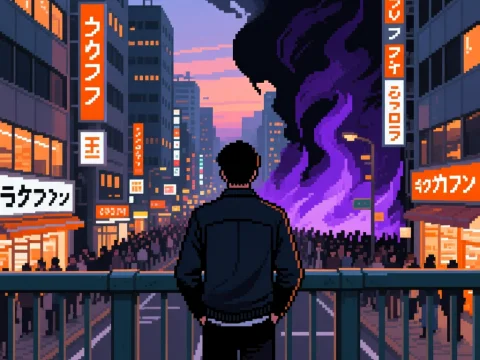 Pixel Art Man Watching City Fire from Bridge