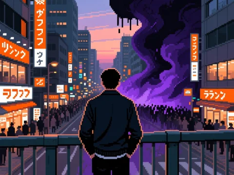 Pixel Art Man Watching City Street with Purple Smoke