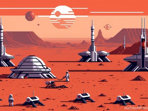 Pixel Art Mars Colony with Astronauts and Rovers