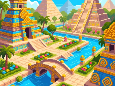 Pixel Art Maya City Plaza with Pyramids and Waterways