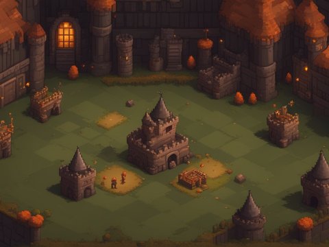 Pixel-Art Medieval Castle Courtyard at Dusk