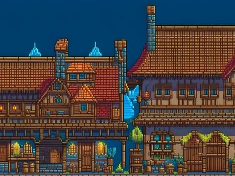 Pixel Art Medieval Houses with Detailed Wooden Architecture