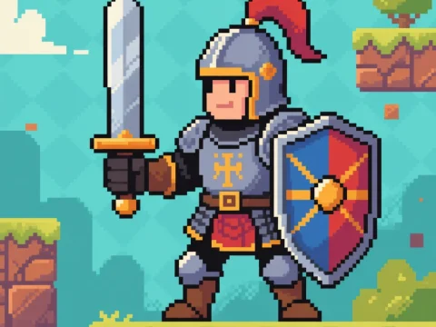 Pixel Art Medieval Knight with Sword and Shield