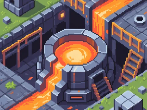 Pixel Art Metallurgy Furnace with Flowing Lava
