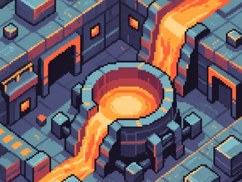 Pixel Art Metallurgy Furnace with Flowing Molten Metal