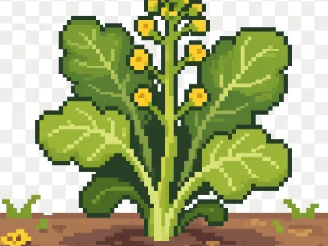 Pixel Art Mustard Greens Plant with Yellow Flowers