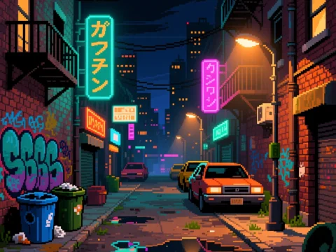 Pixel Art Neon Alley at Night with Retro Game UI