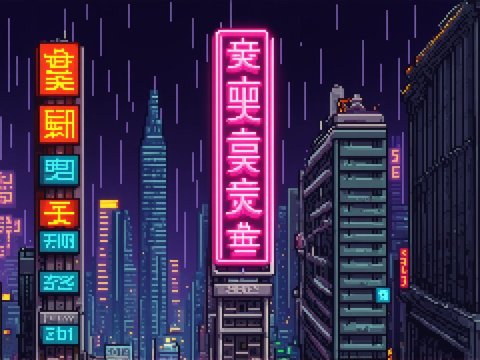 Pixel Art Neon Cityscape at Night in the Rain