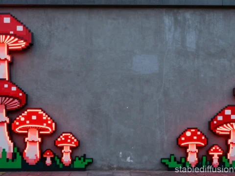 Pixel Art Neon Mushrooms Wall Frame