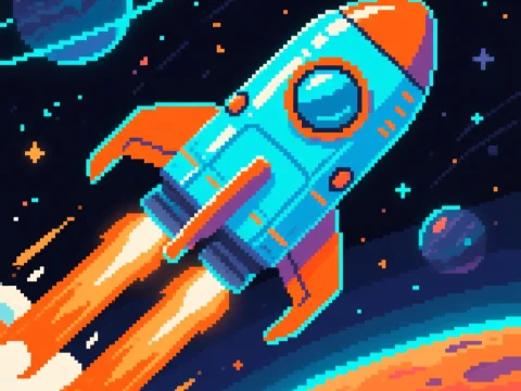 Pixel Art Neon Rocket Ship Launching in Space