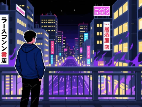 Pixel Art Night View of Tokyo with a Lone Figure