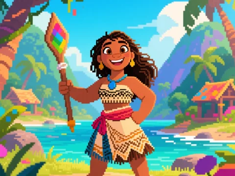 Pixel Art of a Joyful Island Girl with Staff