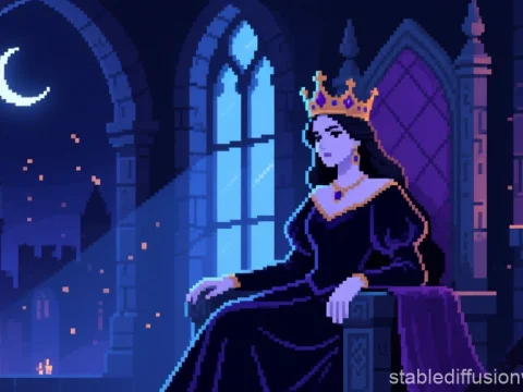 Pixel Art of a Mysterious Medieval Queen at Night