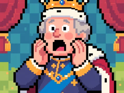 Pixel Art of a Shocked King with Crown and Royal Robes