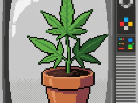 Pixel Art of Potted Weed Plant on Retro TV Screen