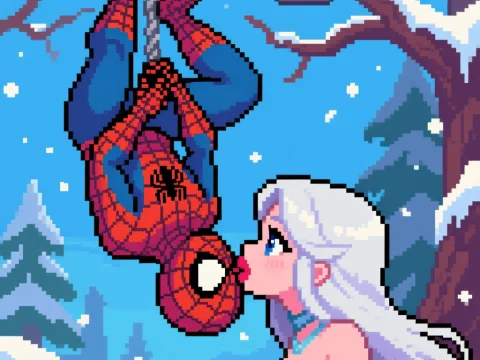 Pixel Art of Spider-Man Upside Down Kissing a White-Haired Girl