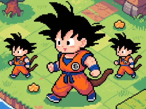 Pixel Art of Three Dragon Ball Characters in a Vibrant Landscape