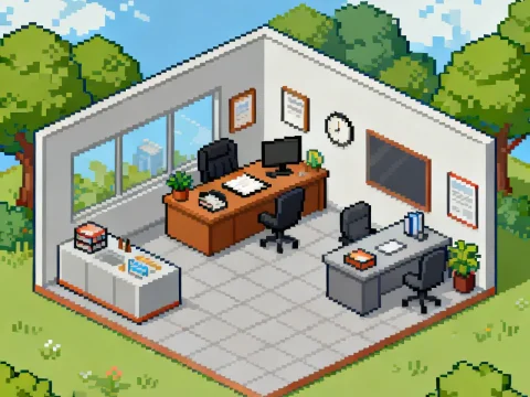 Pixel Art Office Interior with Outdoor View