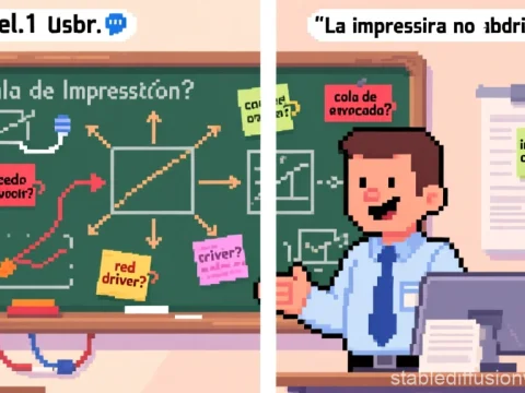 Pixel Art Office Scene Explaining Printer Queue Issues