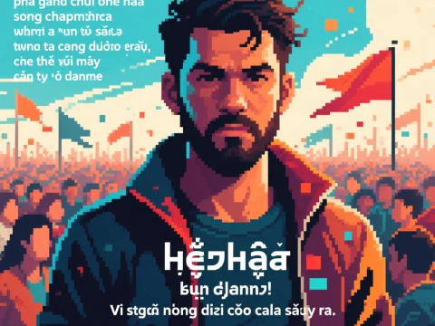 Pixel Art Portrait of a Man Leading a Crowd with Flags