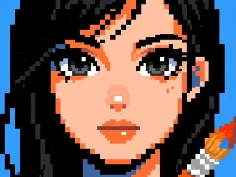 Pixel Art Portrait of Woman with Monochrome Eyes