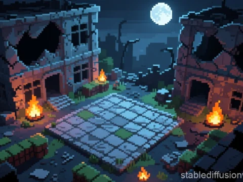 Pixel Art Post-Apocalyptic Urban Battlefield at Night