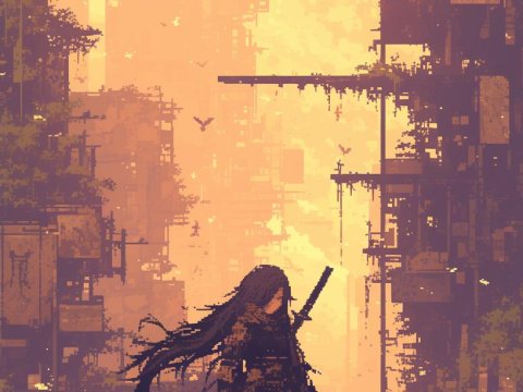 Pixel Art Post-Apocalyptic Warrior at Sunset