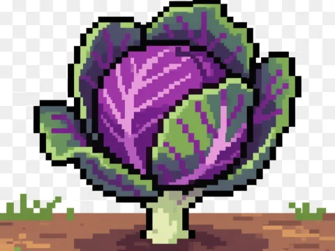 Pixel Art Purple Cabbage Growing in Soil