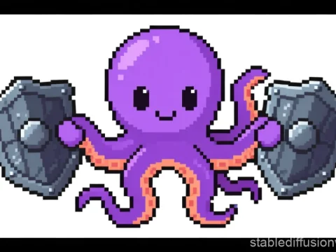 Pixel Art Purple Octopus Holding Shields