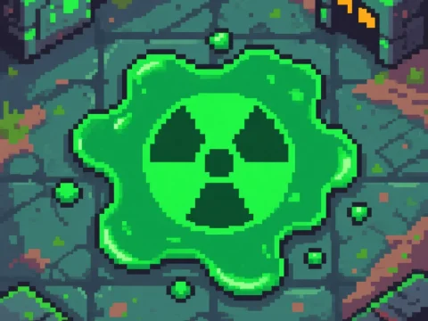 Pixel Art Radioactive Green Puddle with Hazard Symbol