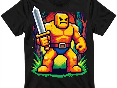 Pixel Art Retro Warrior with Sword on T-Shirt