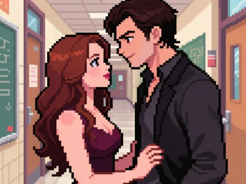 Pixel Art Romantic Couple in School Hallway