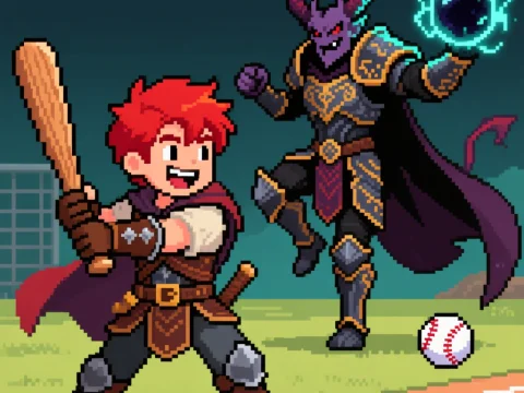 Pixel Art RPG Characters Playing Baseball