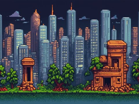 Pixel Art Ruined Ancient Structures in Modern Cityscape