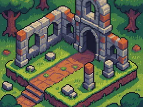 Pixel Art Ruins in Forest Clearing