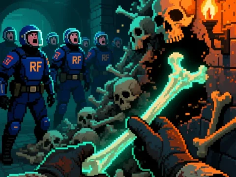 Pixel Art Scene of Gloved Hands Holding Glowing Bone in Dungeon