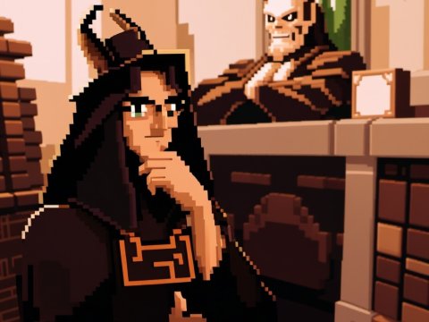 Pixel Art Scene of Two Horned Characters in a Medieval Room