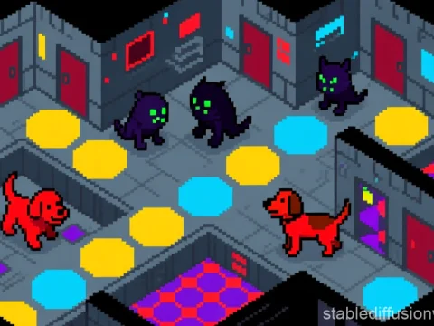 Pixel Art Scene with Dark Golems and Red Dogs in Isometric Room