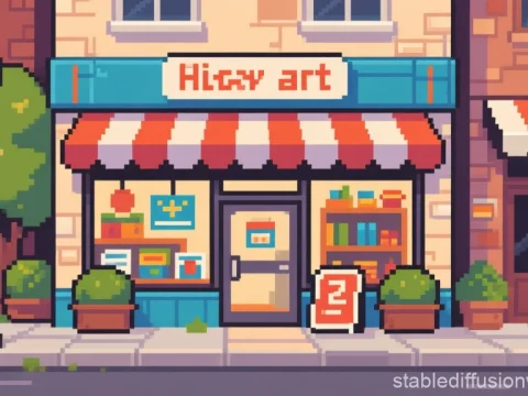 Pixel Art Shopfront with Colorful Awning