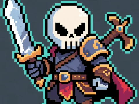 Pixel Art Skeleton Warrior with Sword and Shield